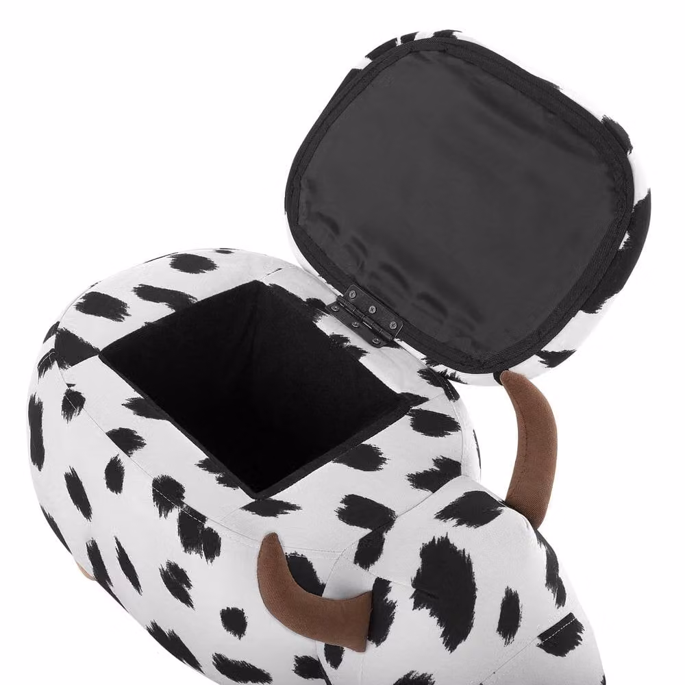 Wyld and Coco Cow Print Storage Stool in White and Black Faux Leather with Rubberwood Legs – 6