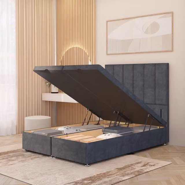 Somnior Beds Ltd Austin Plush Velvet Ottoman Divan Bed with Floor Standing Headboard, Charcoal Grey, W/D: 120 x 200 cm