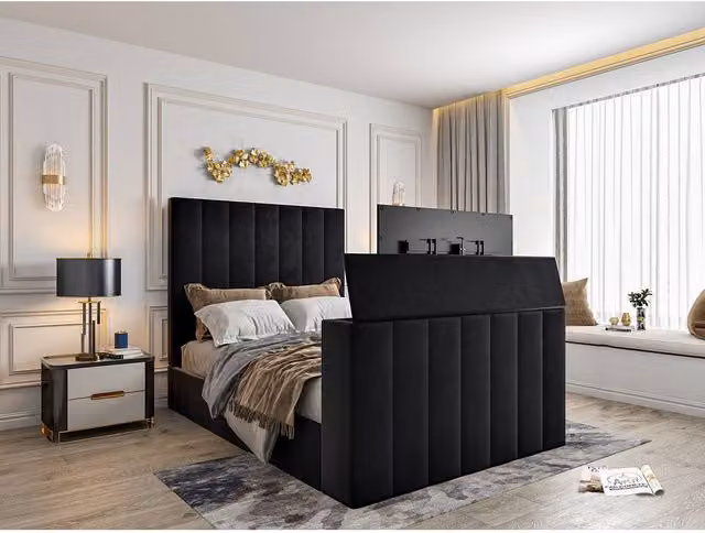 KDMD Vogue Bespoke King Size Upholstered Velvet Bed Frame with Lift Up Base in Black, W/D/H: 180 x 200 cm – 1