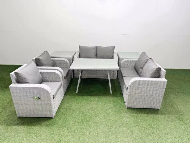 Fimous 6 Seater Rattan Garden Furniture Set with Upholstered Cushions in Light Grey