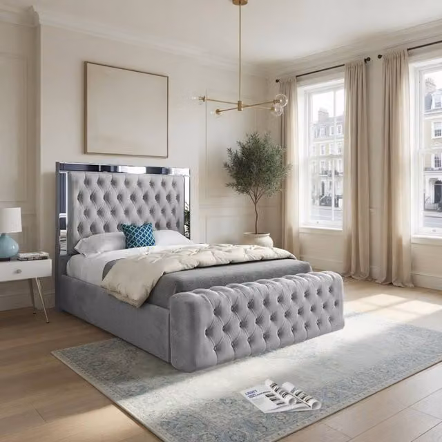 KDMD Wimborne Mirror Upholstered Designer Bed Frame in Grey Soft Velvet, Super King, 200 x 200 cm – 1