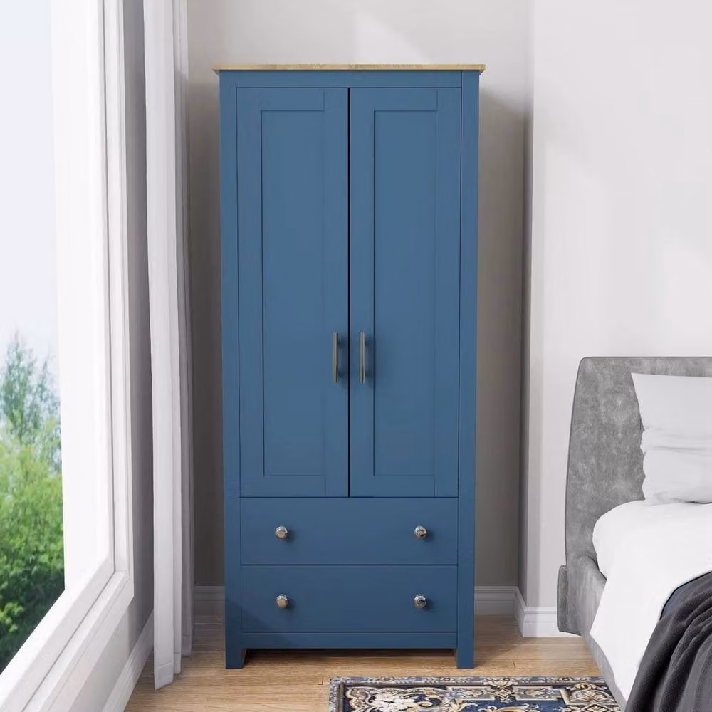 FLAVORA Navy 2 Door Wardrobe with Oak Top, Drawers and Hanging Rail, W: 100 cm, H: 100 cm, D: 40 cm – 3