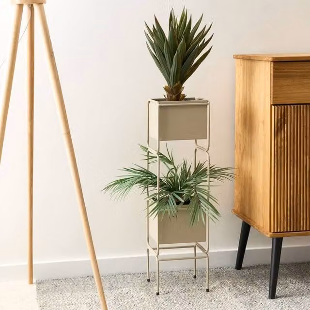 Wyld and Coco 2-Tier Industrial Metal Plant Stand, Beige, H 75 cm x W 20 cm x D 20 cm