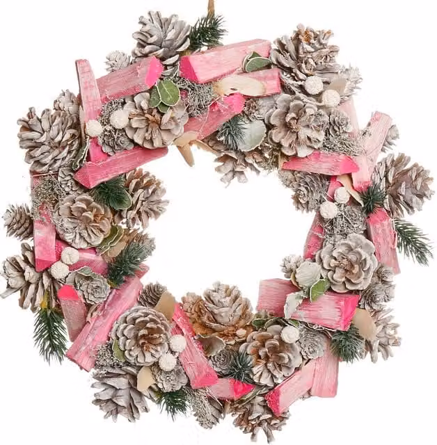 Dibor Pastel Pink and White Driftwood Autumn Winter Hanging Wreath, Diameter: 33 cm