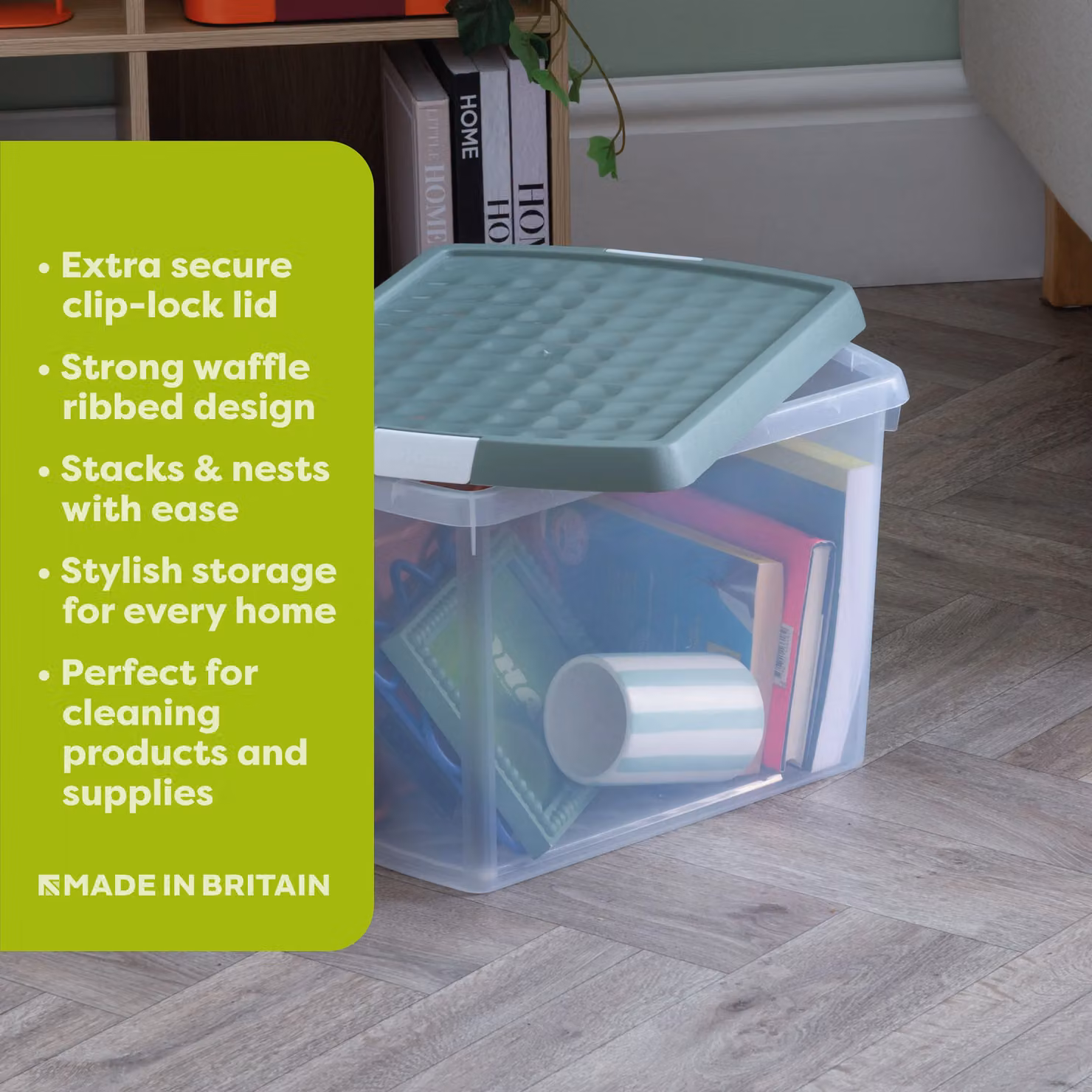 Wham Set of 3 Stackable Rectangular Plastic Storage Boxes with Clip Lock Lids, 21.5L Each, Green and Transparent – 2