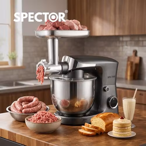 Spector 1500W Stand Mixer with 5.5L Bowl and Meat Grinder in Silver – 10