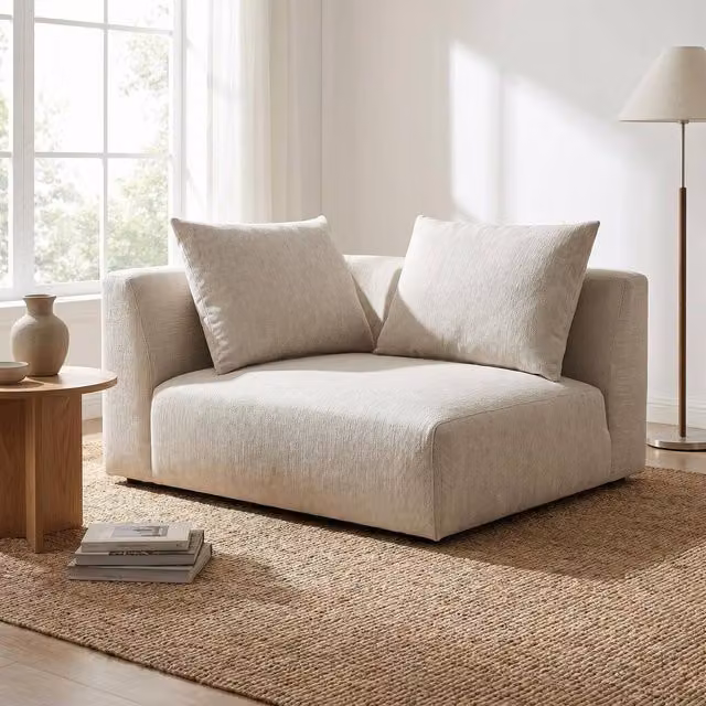 Abakus Direct Tokyo Corner Seat in Warm Beige Basket Weave Fabric with Deep Seat and Sand Accents – 1