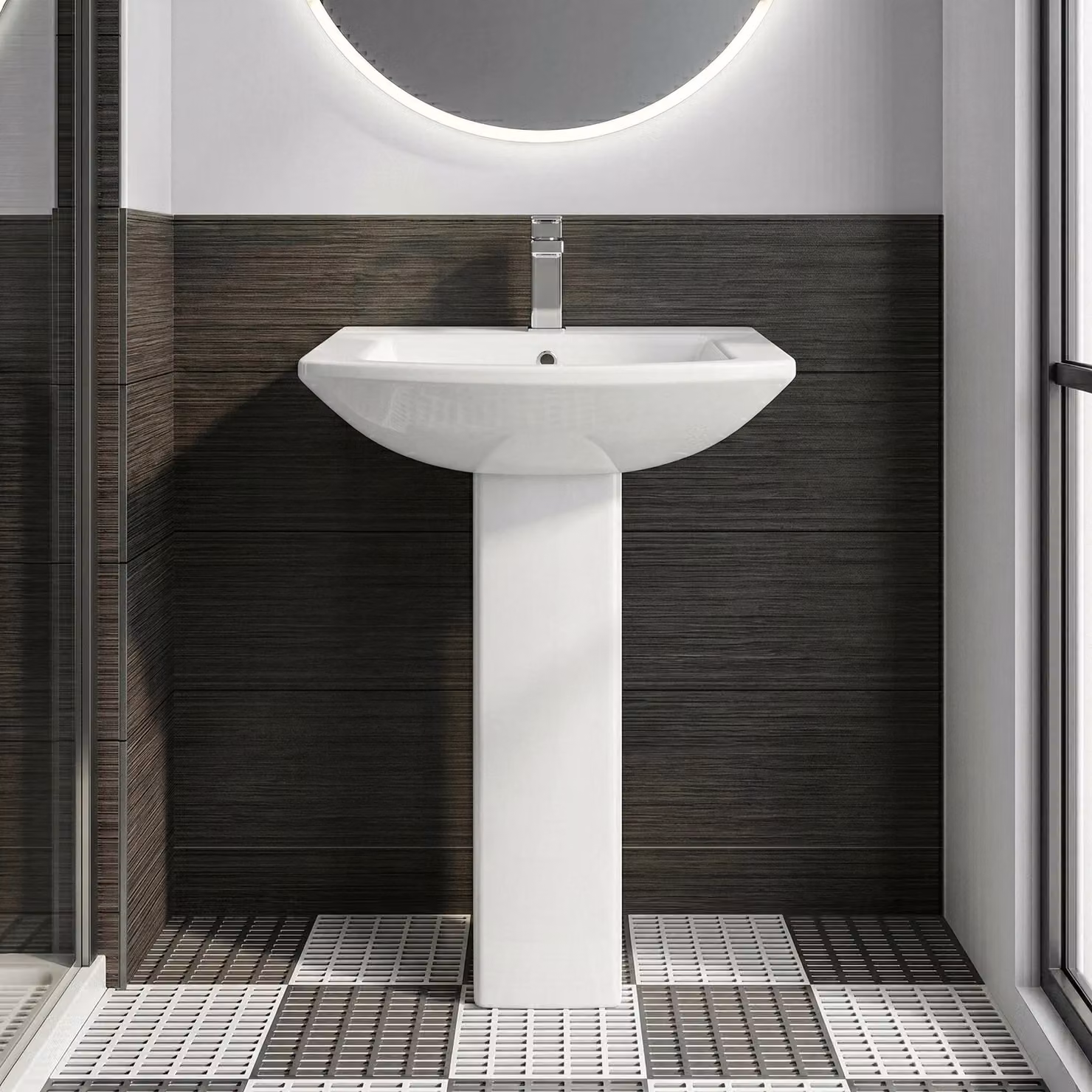 Balterley Square Ceramic Basin with Full Pedestal, 1 Tap Hole, White, Width: 600 mm – 2