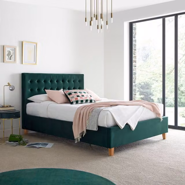 Bedmaster Kingham Green Velvet Upholstered Ottoman Bed with Lift Up Base, W: 140 cm, L: 200 cm