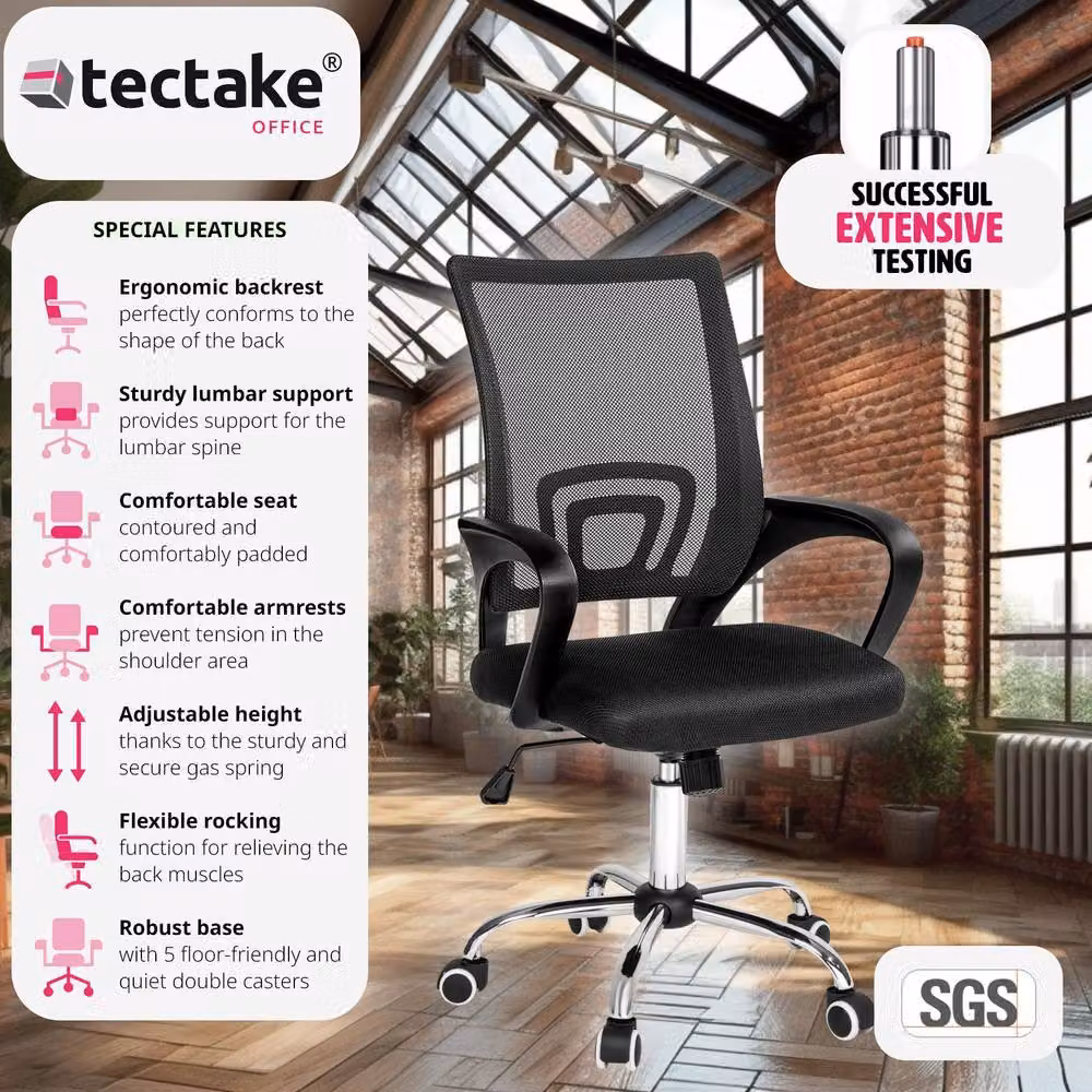 tectake Marius Office Task Chair in Black with Armrests and 360 Degree Swivel – 2