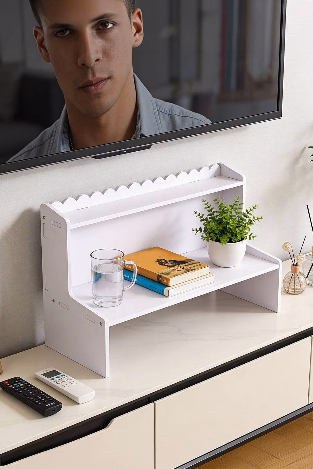 Living and Home 2-Tier WPC Desktop Storage Shelf with Scalloped Edge in White – 2
