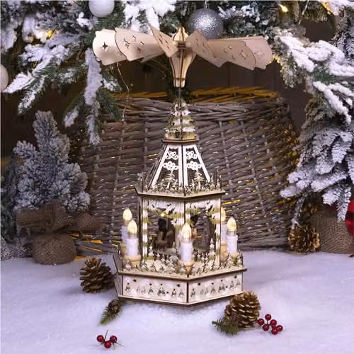 Netagon White Wooden Battery Powered Tabletop Christmas Pyramid with 6 LED Lights – 4