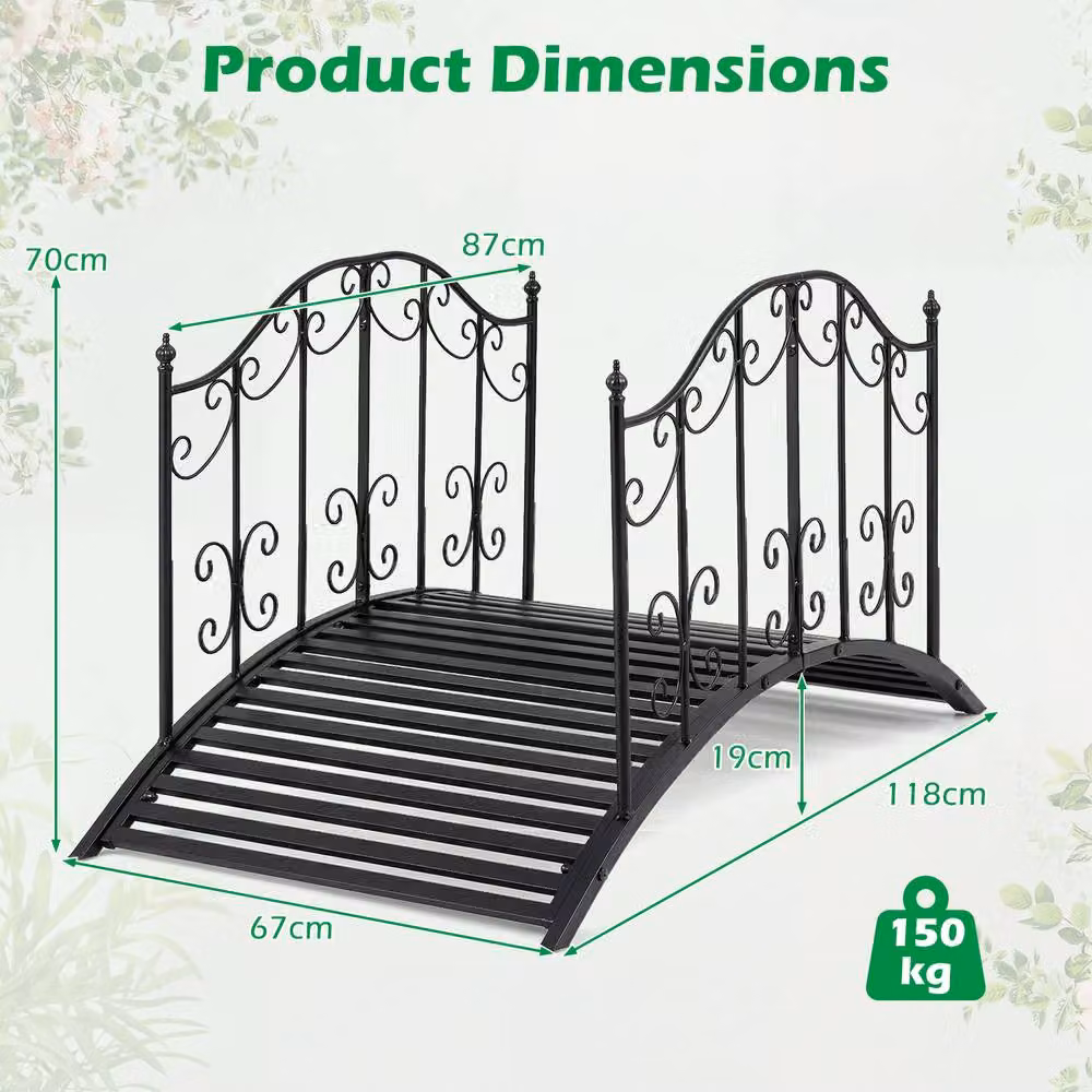 Gymax Arched Garden Bridge with Dual Patterned Metal Side Rails in Black, 118 cm – 3