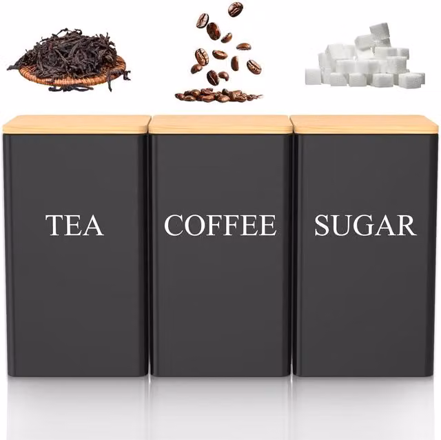 MantraRaj Set of 3 Black Enamel Ceramic Tea, Coffee and Sugar Canister Storage Jars