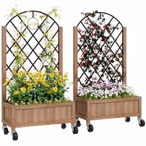 Outsunny Wooden Raised Garden Bed with Metal Trellis for Climbers, Pack of 2, Brown