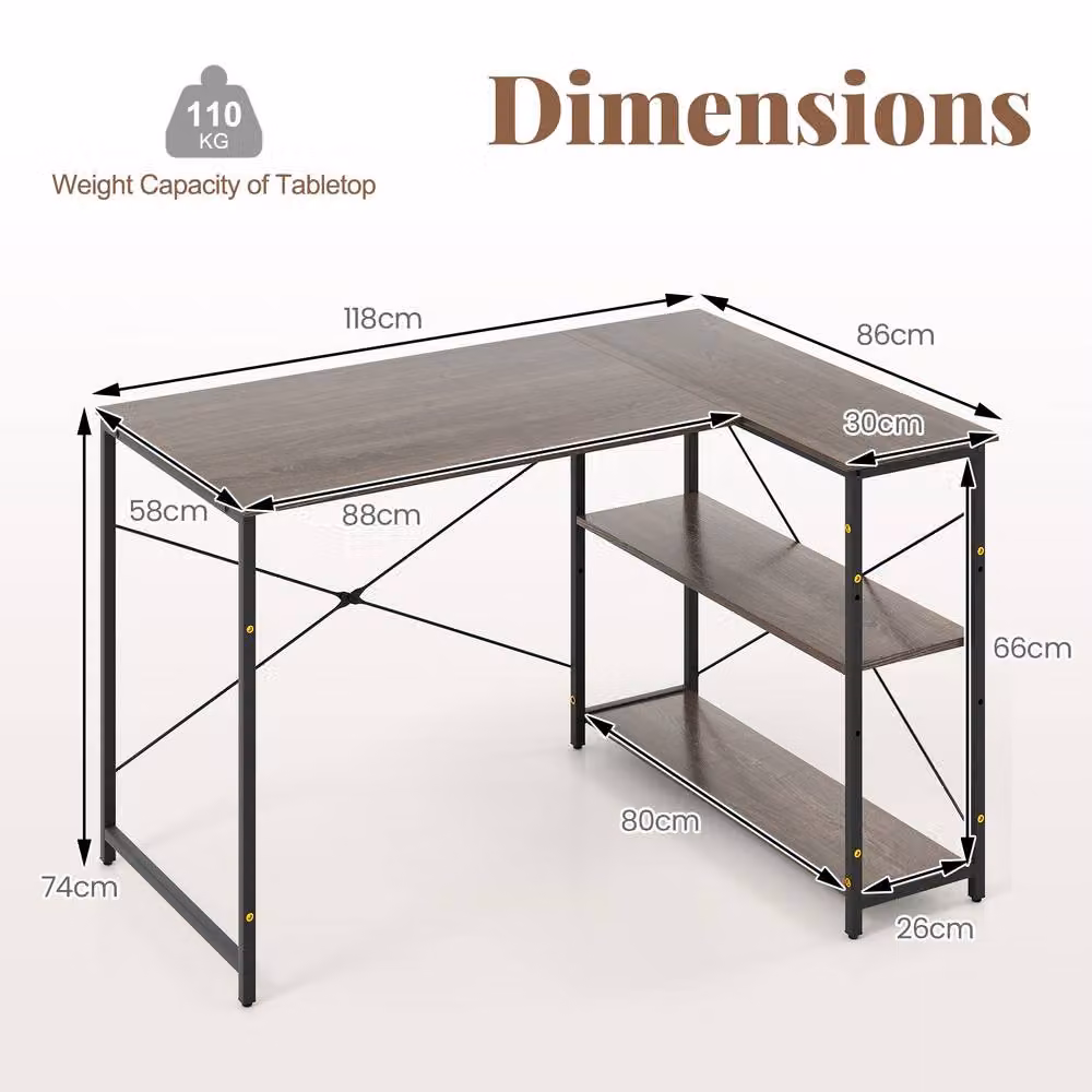 Gymax L-shaped Reversible Corner Computer Desk with Adjustable Shelf in Brown – 2