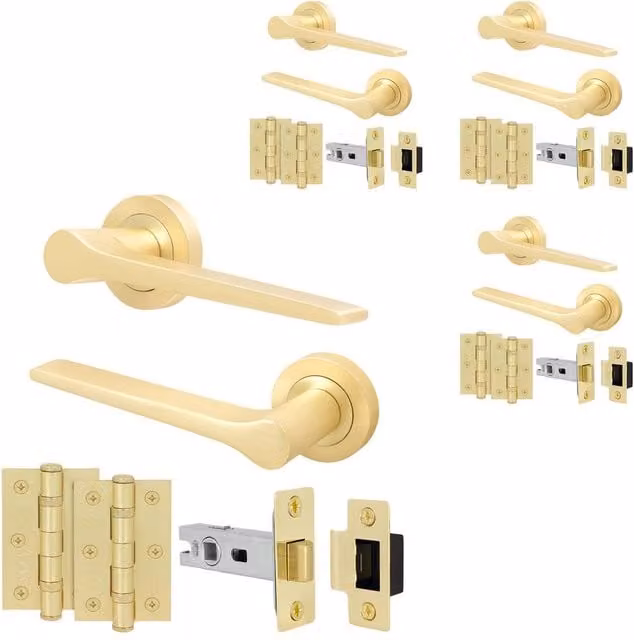 AFIT Brass Door Handle Latch Set in Gold with Hinges, 4 Pack, Size: 150mm x 150mm