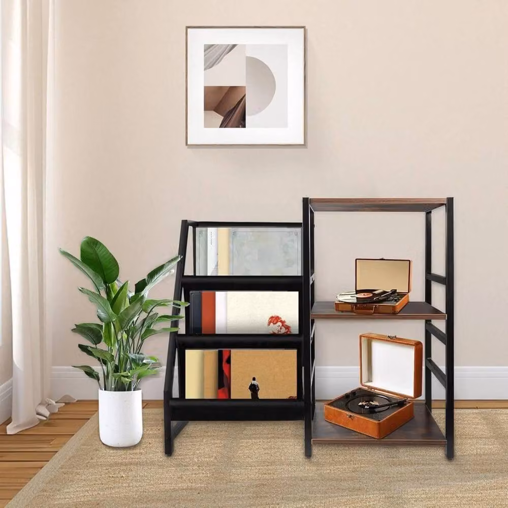 Kelvenix Mid-Century Record Player Stand with 3-Tier Vinyl Storage in Brown – 5