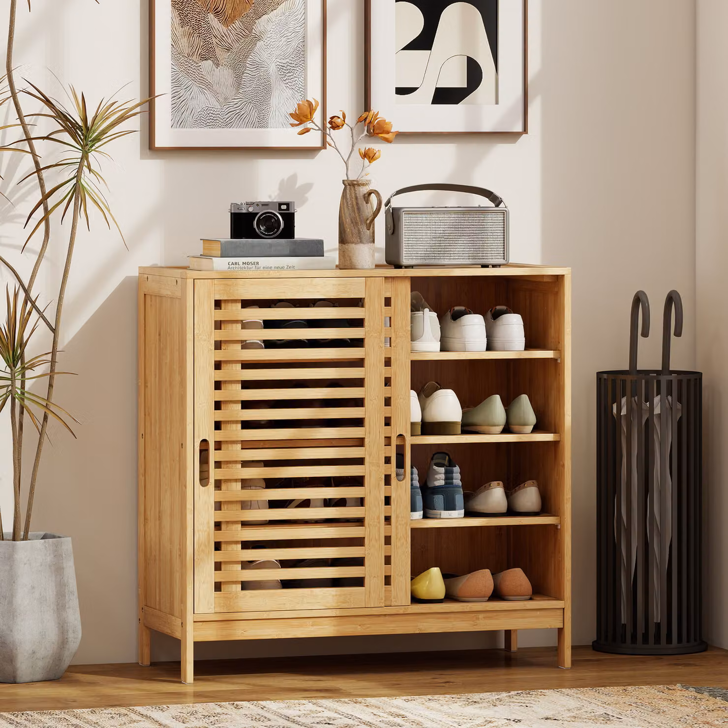 HOMCOM Bamboo Shoe Cabinet with 2 Sliding Slat Doors, 16 Pairs Capacity, Adjustable Shelves, Beige and Brown – 2