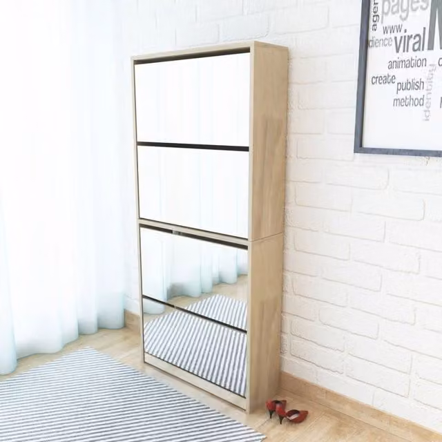 Berkfield Home 4-Layer Oak Shoe Cabinet with Mirror in Brown, W/D/H: 63 x 17 x 134 cm