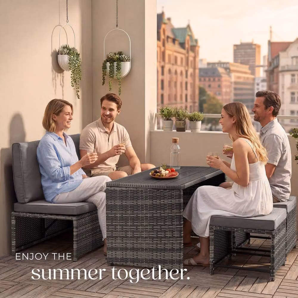 tectake Monopoli 2-in-1 Rattan Garden Lounge Set with Sofa and Seating Area in Grey for 4 Persons – 6