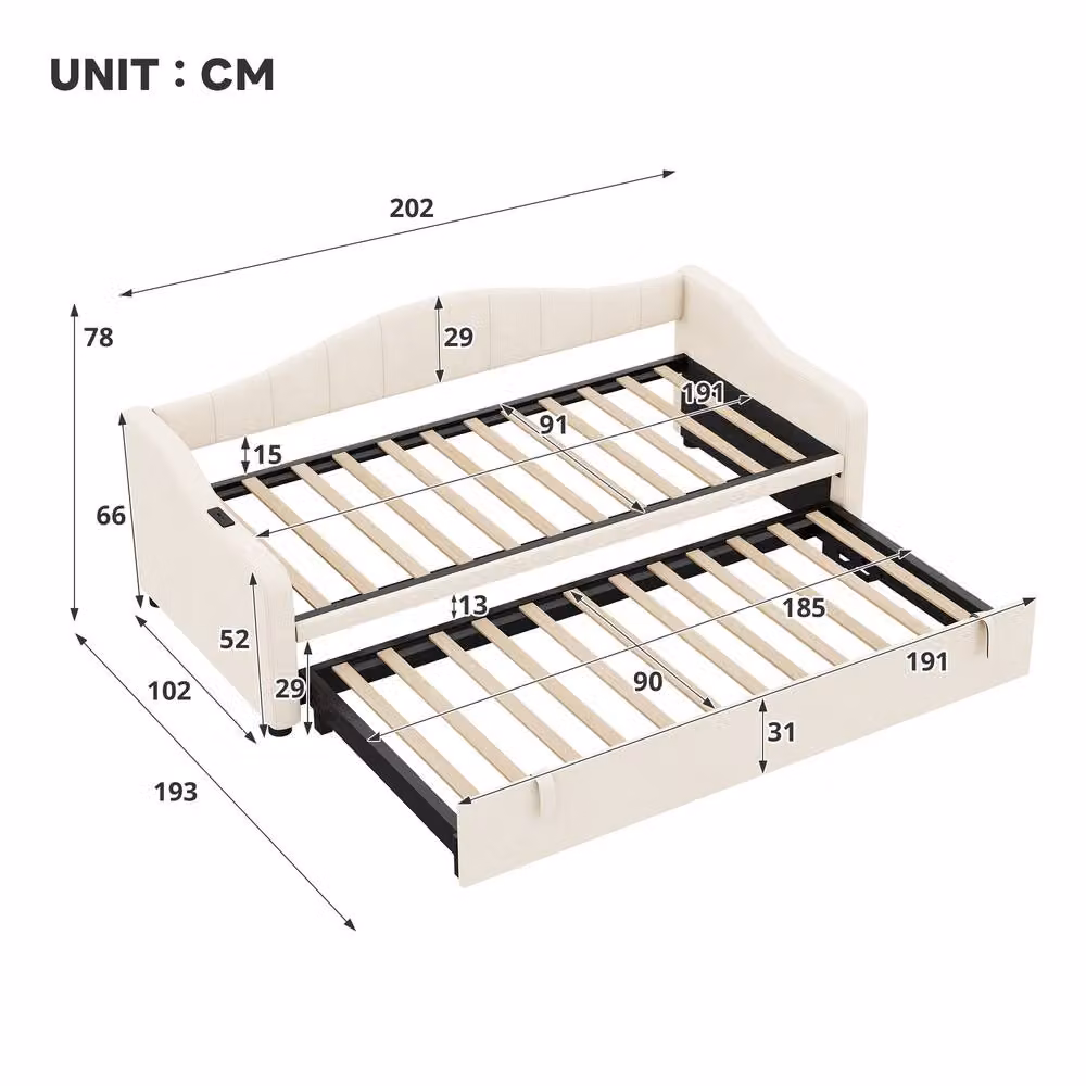 BTM Beige Velvet 3ft Daybed with Trundle and USB/Type-C Charging Ports, W/D/H: 90 x 190 x 78 cm – 2