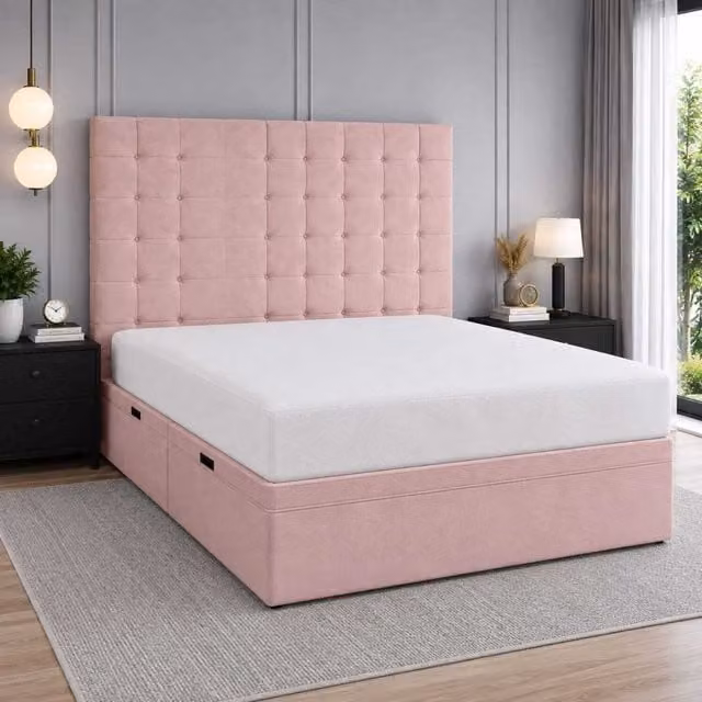 K Mehmood Enterprise Ltd Diana Luxury Pink Velvet Upholstered Storage Bed with Geometric Headboard, W/D/H: 137 x 198 cm