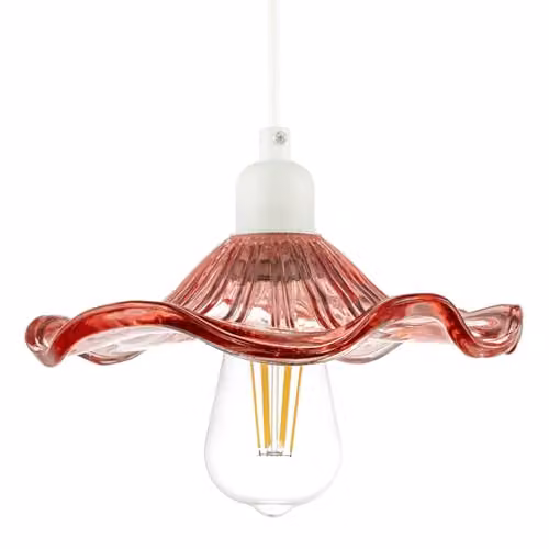 Happy Homewares Pink Ribbed Glass Cylinder Pendant Light Shade with Wavy Ruffled Edge, W/D/H: 23 x 23 x 6 cm – 1