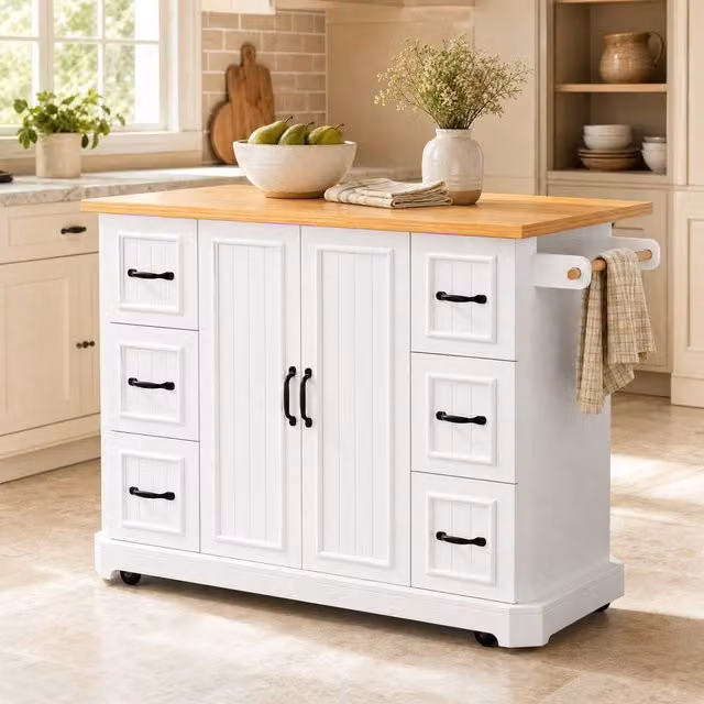 STILVORA Kitchen Island Cart with 2 Doors, 6 Drawers and Wheels in White