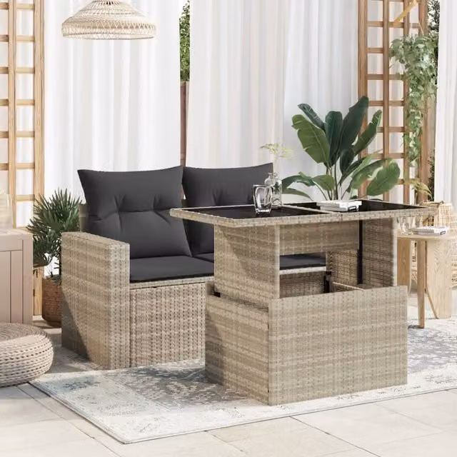 Berkfield Home Garden Table with Glass Top in Light Grey Poly Rattan, W: 100 cm, D: 55 cm, H: 73 cm