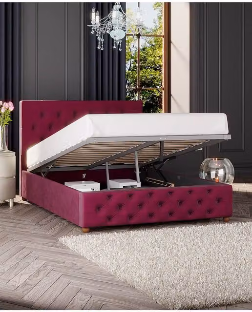 Laurence Llewelyn-Bowen Luna Ottoman Storage Bed in Wine Plush Velvet Fabric, Double W/D/H: 140 x 200 cm – 1