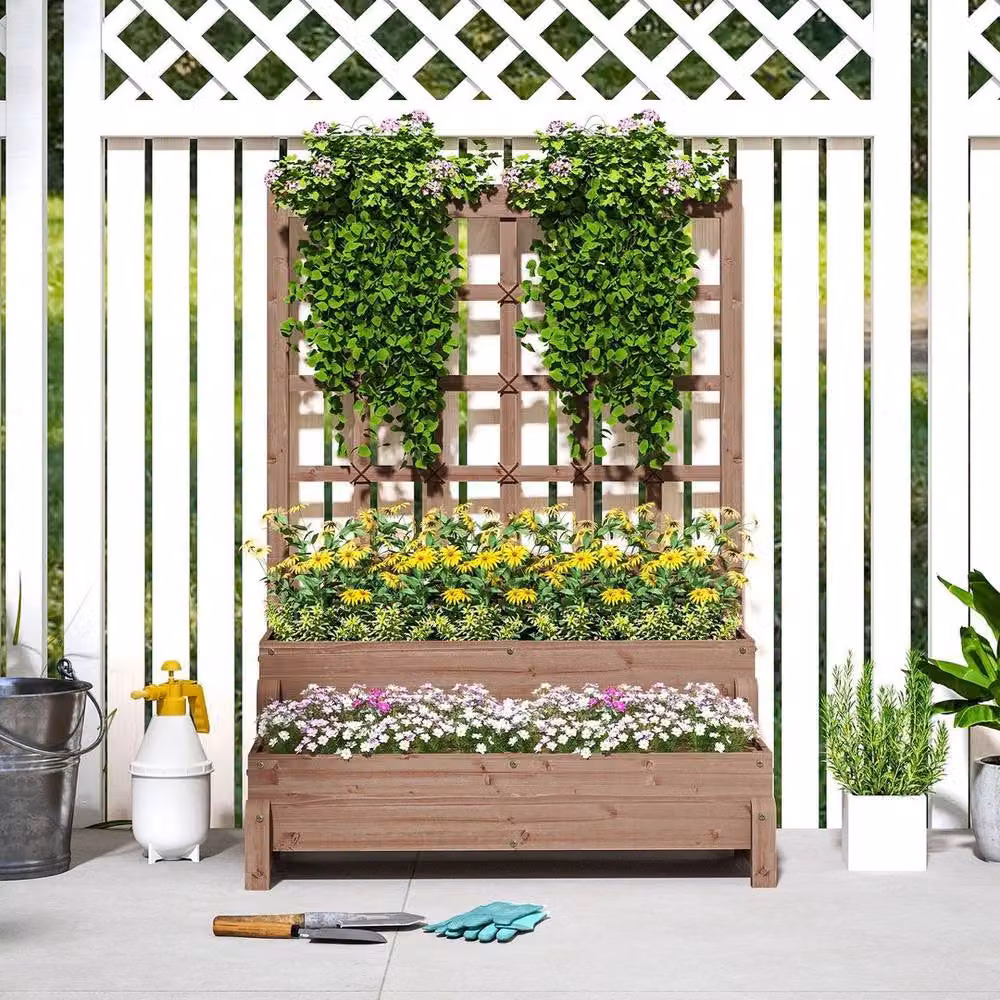 Kelvenix 2-Tier Wooden Raised Bed with Trellis in Brown, W/D/H: 121 x 88 x 66 cm – 4