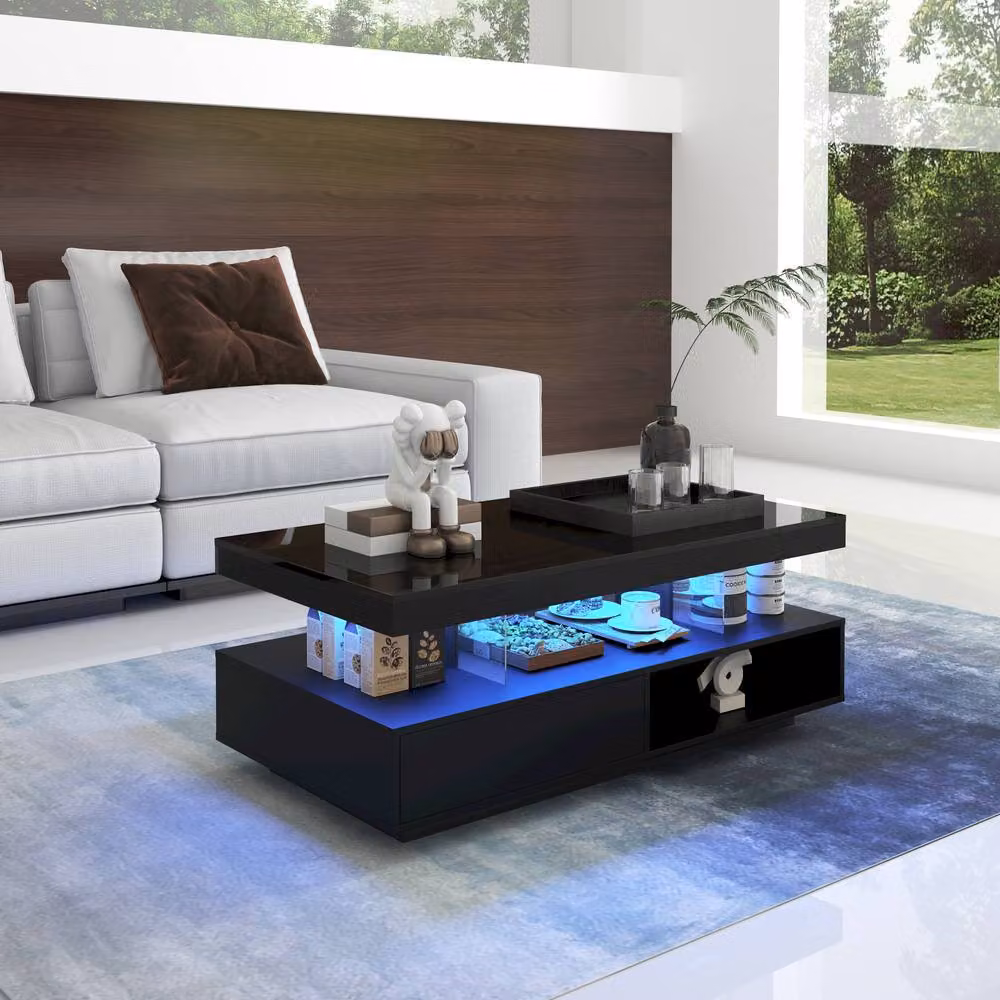 STILVORA Modern Rectangular Coffee Table with Glass Top and Glossy Black Finish – 2