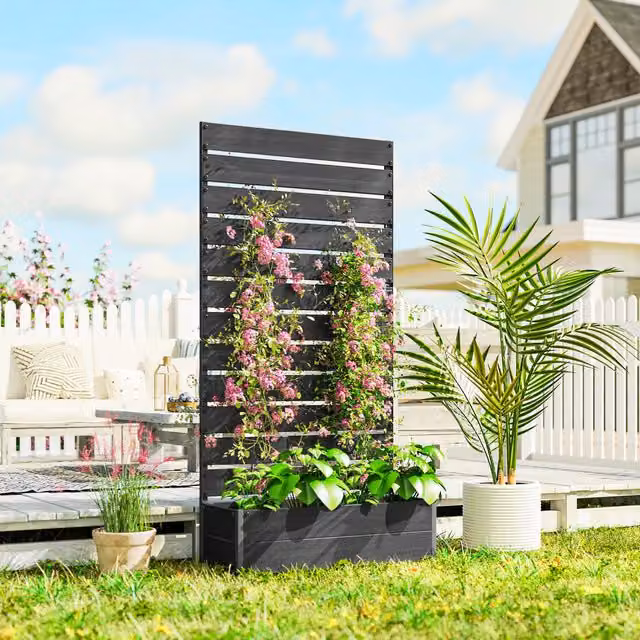 OUTSUNNY Raised Garden Bed with Trellis Standing Patio Planter Box in Black, W/D/H: 180 x 90.5 x 38 cm