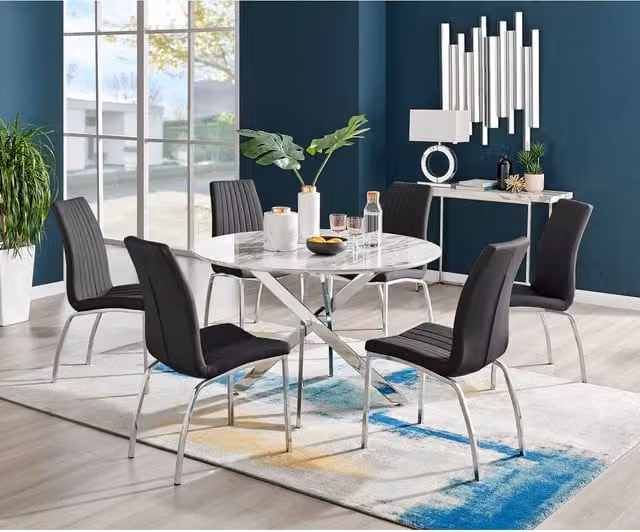 FurnitureboxUK Novara White Marble Effect Round Dining Table and 6 Isco Chairs in Black