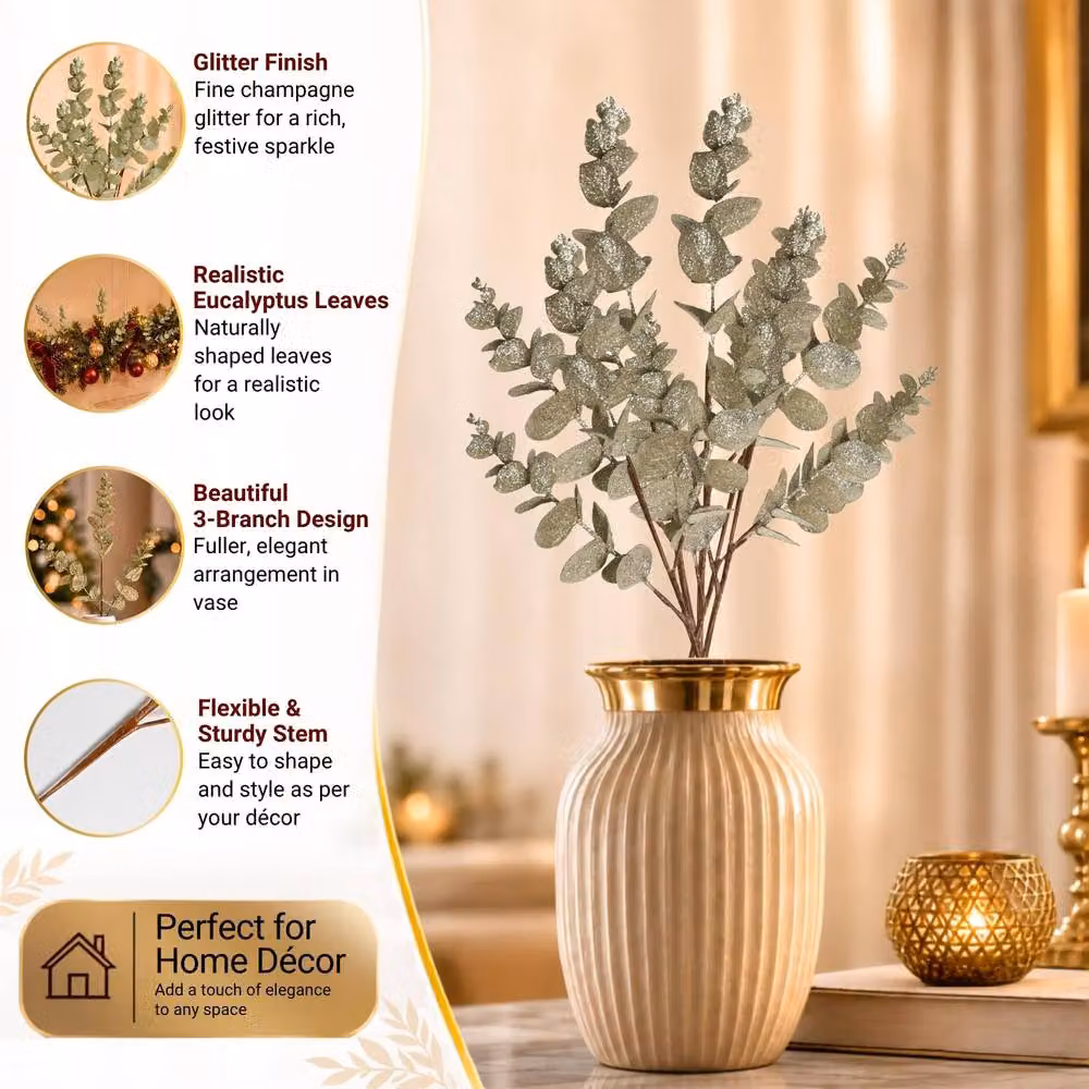 Shatchi Gold Champagne Glitter Artificial Eucalyptus Christmas Tree Picks, 12 Pack, Height: 55 cm – 4
