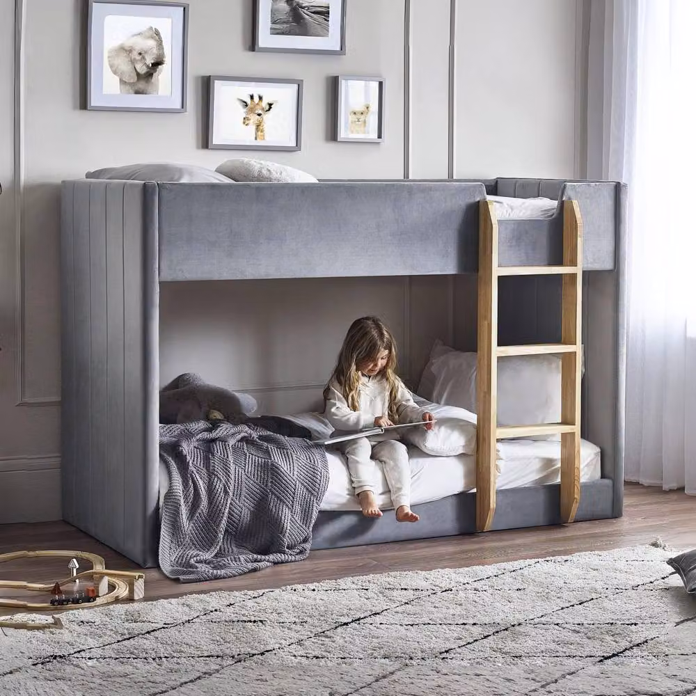 Cheshire Premium Laurel Grey Velvet Upholstered Single Bunk Bed, W/D/H: 90 x 200 cm – 2