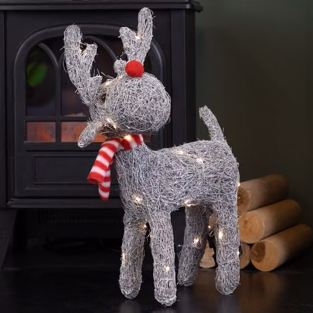 Samuel Alexander Rattan Woven Blitzen Reindeer with Warm White LEDs, Grey, Height: 51 cm
