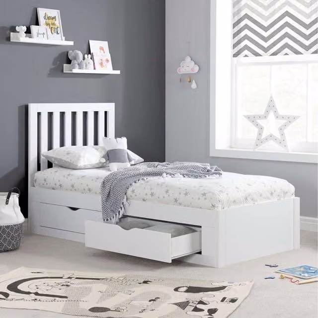 Birlea Appleby White Single Bed Frame with Mattress and Drawers, W/D/H: 90 x 190 x 104 cm