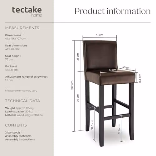 tectake Set of 2 Dover Bar Stools in Brown with Synthetic Leather and Glossy Wood Legs – 3