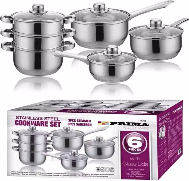 Prima 6-Piece Stainless Steel Cookware Set with Glass Lids in Silver – 1