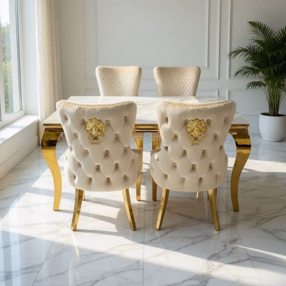 HOME LUXE INTERIOR Sofia Rectangular Marble Dining Table and 4 Victoria Mink Lion Chairs in Cream and Gold – 2