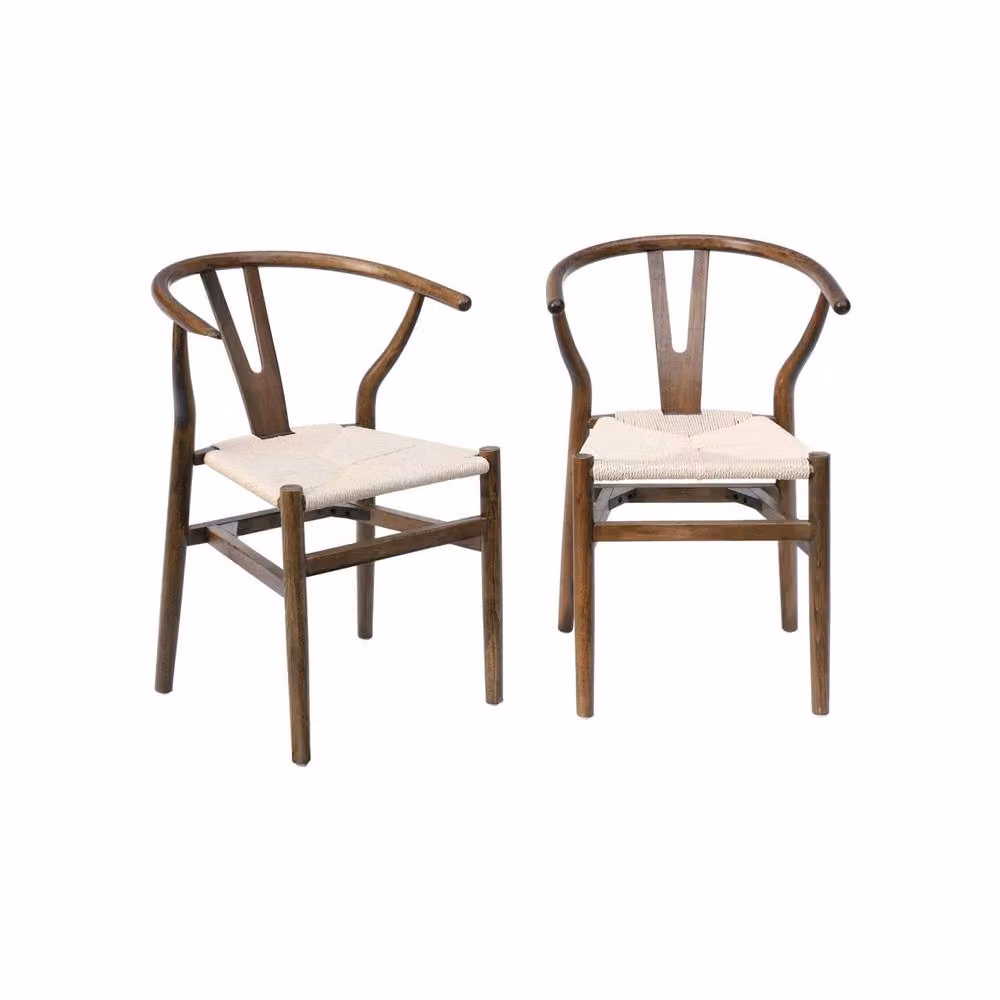 Sweek Pair of Brown Beech Wood Dining Chairs with Rope Seats and Armrests – 2