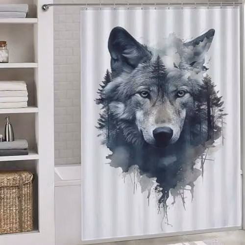 PAZZK Wolf Graphic Waterproof Polyester Shower Curtain with 12 Hooks, W: 168 cm, H: 183 cm – 1