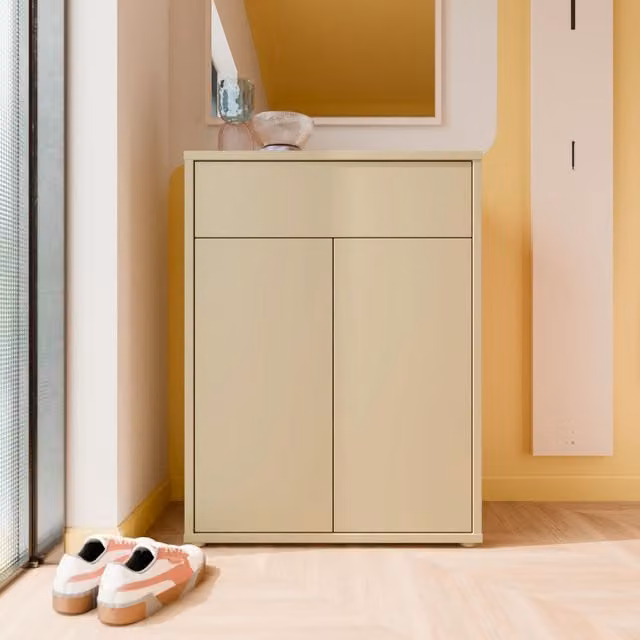 Furniture To Go Alice Springs Modern Shoe Cabinet with 2 Push-to-Open Doors and 1 Drawer in Light Grey and Butter Yellow