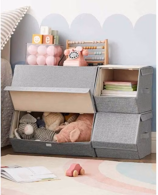 The Bazaarist Pack of 4 Stackable Fabric Storage Bins with Lids, Grey