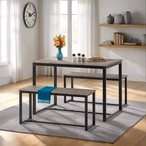 Seconique Lincoln Industrial Dining Table and 2 Bench Set in Black and Grey Stone Effect – 6
