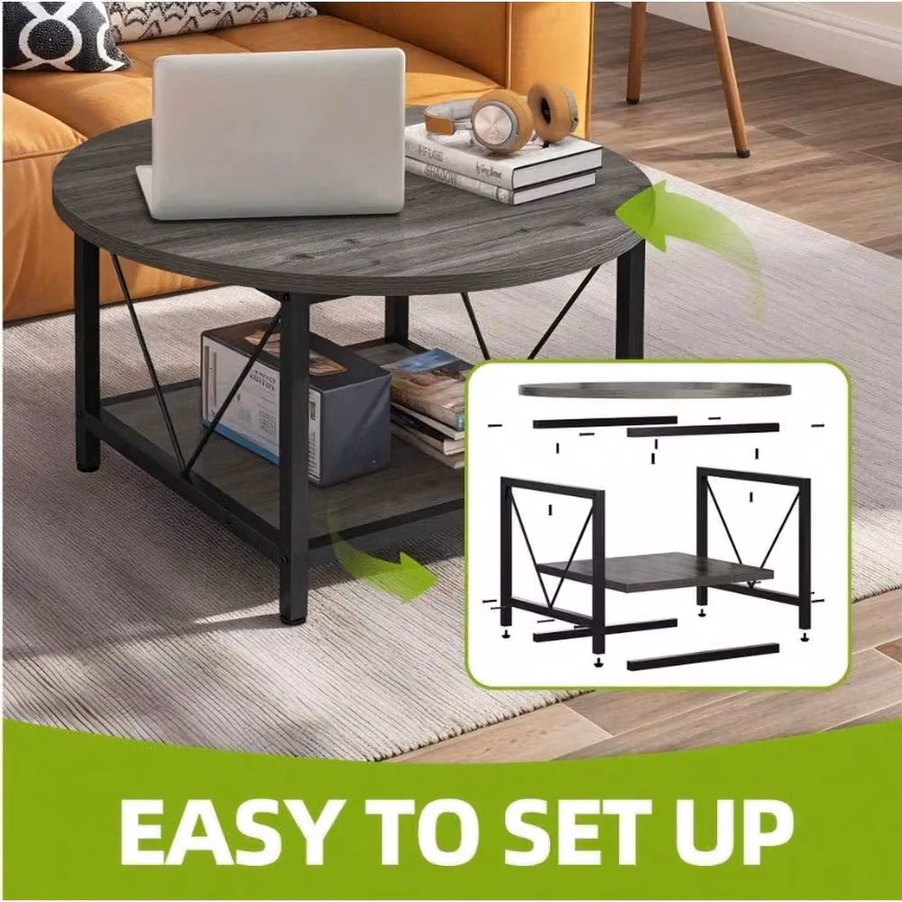 VOGREX Retro Round Coffee Table with Bottom Storage Shelf and Metal Legs in Dark Grey – 3