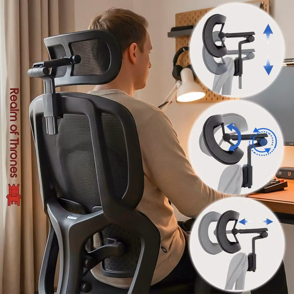 Realm of Thrones Ergonomic Black Mesh and Fabric Office Chair with Headrest and 4D Armrests – 8