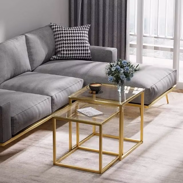 Huhote Set of 2 Modern Gold Metal Frame Nesting Side Tables with Square Glass Tops